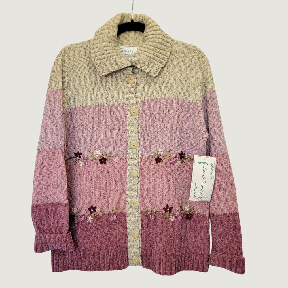 Vintage Sarah Bentley Knit Cardigan Women L Lilac Colorblock Floral Embroidered